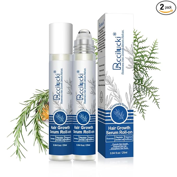 2PCS Rosemary Hair Growth Serum Roll-On, 25ml - With Polygonum Multiflorum, Platycladus Orientalis, Angelica Root, Aloe & Rosemary - Promotes Thicker, Fuller Hair, Non-Greasy Formula for Men