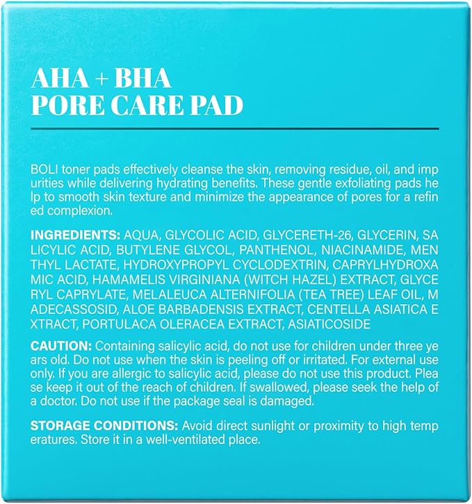 BOLI Cleansing Toner Pads, Salicylic Acid Mild Exfoliating Facial Pads, Pore Reducing with Tea Tree Oil, Niacinamide, Wihch Hazel (70 Units)