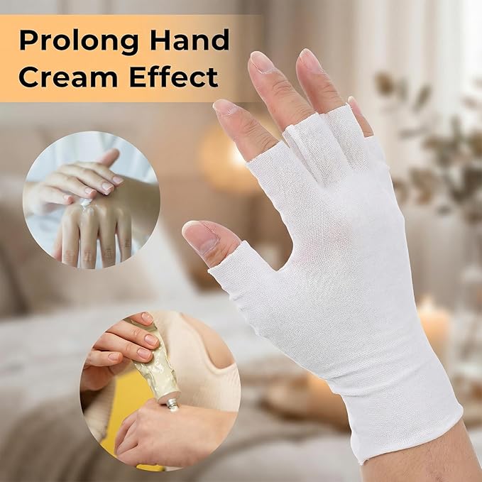 Cotton Fingerless Gloves, 5 Pairs White Cotton Gloves for Dry Hands 5 Open Fingertips Soft Moisturizing Gloves for Adults Eczema, Skin Treatment, Hand Spa, Overnight Hydration