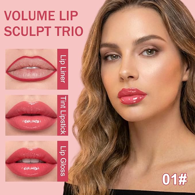3PCS Lip Combo Set — Matte Lip Liner Pencil, Hydrating Tint Lipstick & Shine Gloss, Non-Sticky Long-Lasting Plumping Lip Makeup Kit for Women, Volume Sculpt Trio, 01