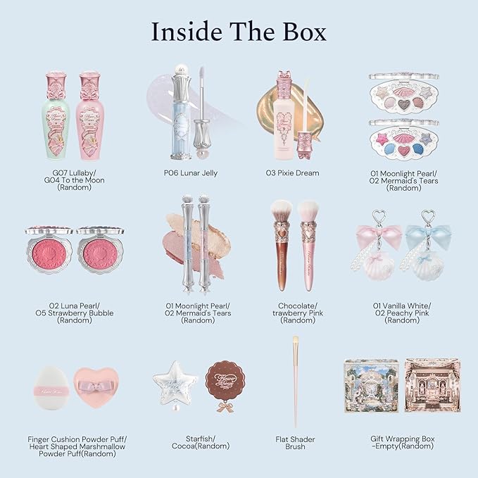 Flower Knows Shell’s Jewel 12-Piece Makeup Gift Box Set,Lip Gloss×2+Blush×1+ Eyeshadow Palette×1+Highlighter×3+Hair Clip×1+Mini Powder Puff×1+Blush Brush×1+Eyeshadow Brush×1+Gift Box×1