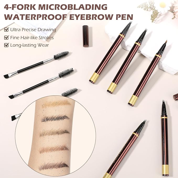 2PCS Microblading Eyebrow Pencil with Eyebrow Brush, Dark Brown Eye-brow Pencils for Women, 2-In-1 Waterproof Eyebrow Pen with 4-Fork & Ultra-Precise Tips for Hair-Like Eyebrow Makeup (Dark Brown)