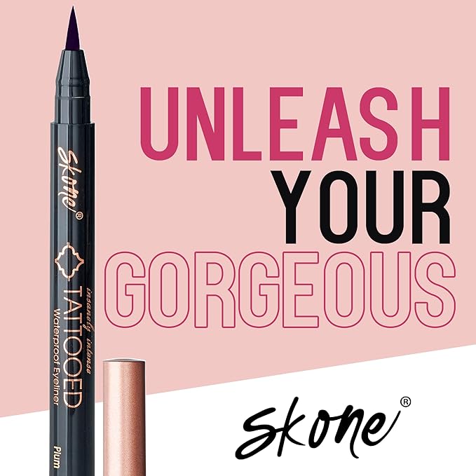 Skone Cosmetics Insanely Intense Tattooed Eyeliner Pen - Waterproof Liquid Eyeliner, Long Lasting, Sweat Proof, Smudge Proof Felt Tip Liquid Eyeliner - Pigmented Eye Liner Makeup - Plum Black (0.07oz)