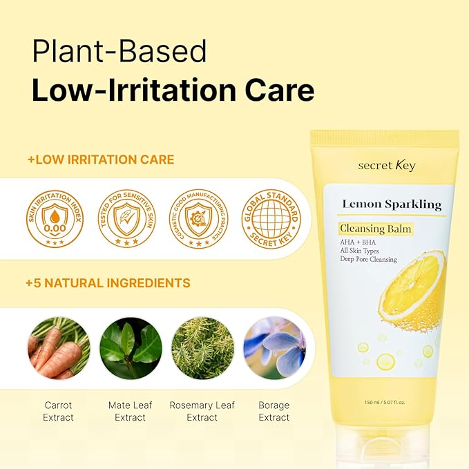 SECRETKEY Lemon Sparkling Cleansing Balm, Lemon Extract with AHA & BHA, Gentle Exfoliating and Hydrating Makeup Remover, Helps Cleanse Pores and Remove Impurities, Korean Skincare (5.07 fl oz / 150ml)