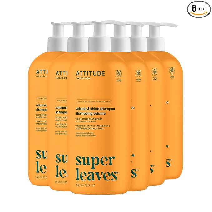 ATTITUDE Volume and Shine Hair Shampoo, EWG Verified, For Thin Hair, Naturally Derived Ingredients, Vegan and Plant Based, Soy Protein And Cranberries, 32 Fl Oz (Pack of 6)