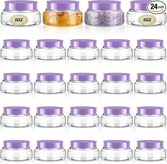 Tessco for you 24 Pack Plastic Jars with Lids Labels Multiuse Slime Containers Empty Body Scrub Jars Round Refillable Cosmetic Body Butter Container for Makeup (5 oz,Clear,Purple)