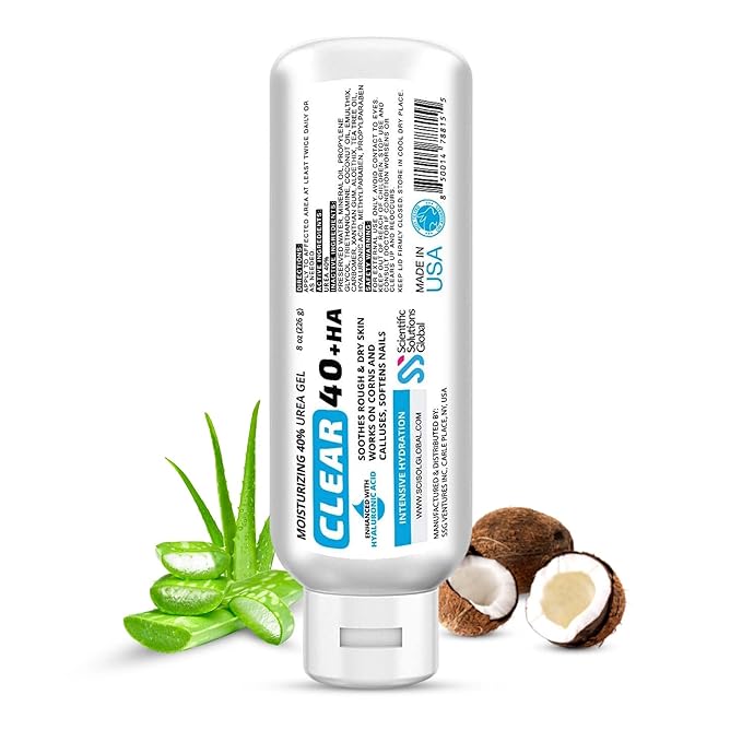 CLEAR 40 HA, 40% Urea Gel, 1% Hyaluronic Acid, 4 oz w/ Tea Tree & Coconut Oil, Aloe Vera, Callus & Corn Remover Softens Cracked Heels, Feet, Elbows, Hands, Nails, Superior hydration to Urea Creams