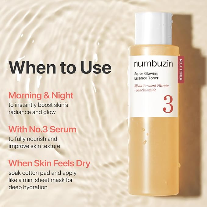 numbuzin No.3 Super Glowing Essence Toner, Jumbo Szie, Fermented Toner for Skin Glow & Texture, Bifida, Niacinamide, Hydrating, Radiance-Boosting Essence, Fragrance-Free, 10.14 fl oz (300ml)