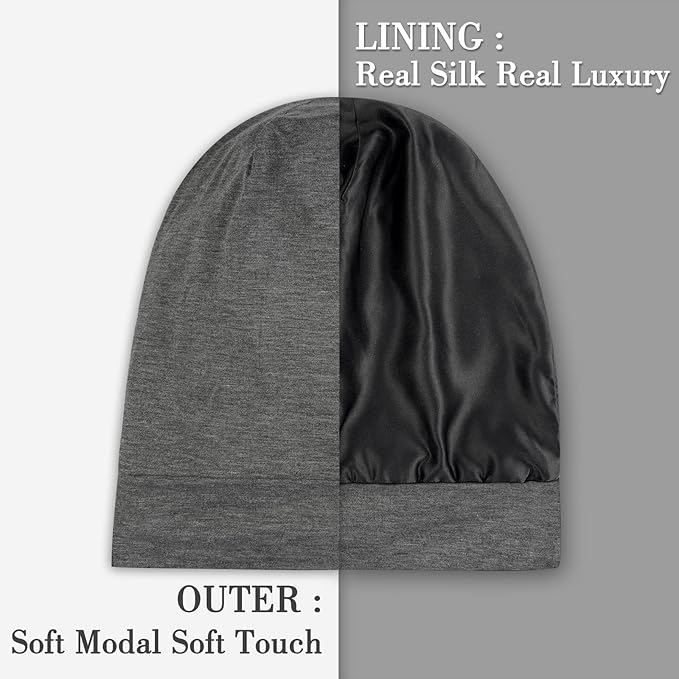 LULUSILK Mulberry Silk Bonnet for Sleeping Women, Real Silk Sleep Cap for Curly Hair and Braids, Pure Head Wrap with Scrunchies, Grey