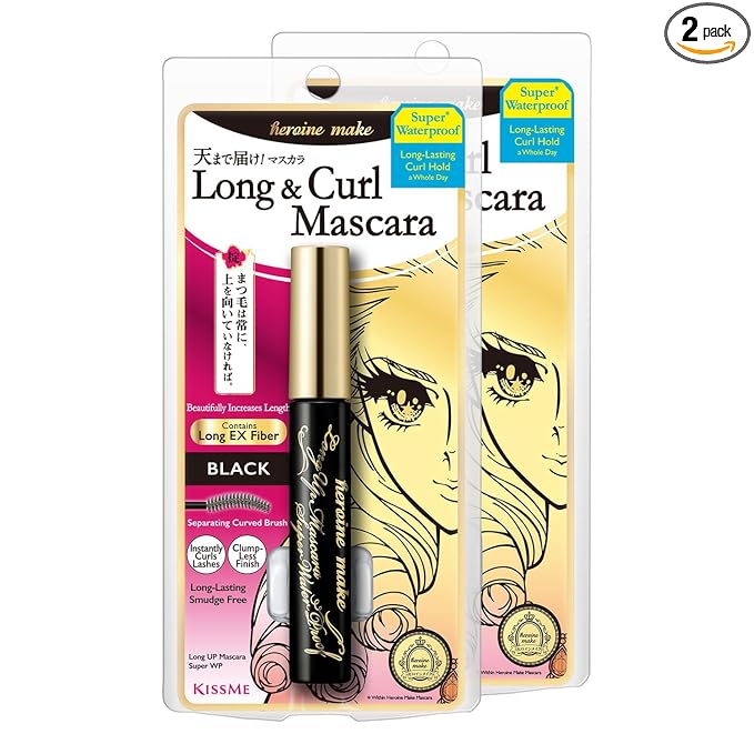 HEROINE MAKE by KISSME Mascara Black Volume and Length | Waterproof Mascara by Defining Fiber for Long and Curl Eye Makeup for Women, Made in Japan, Black, 2 EA