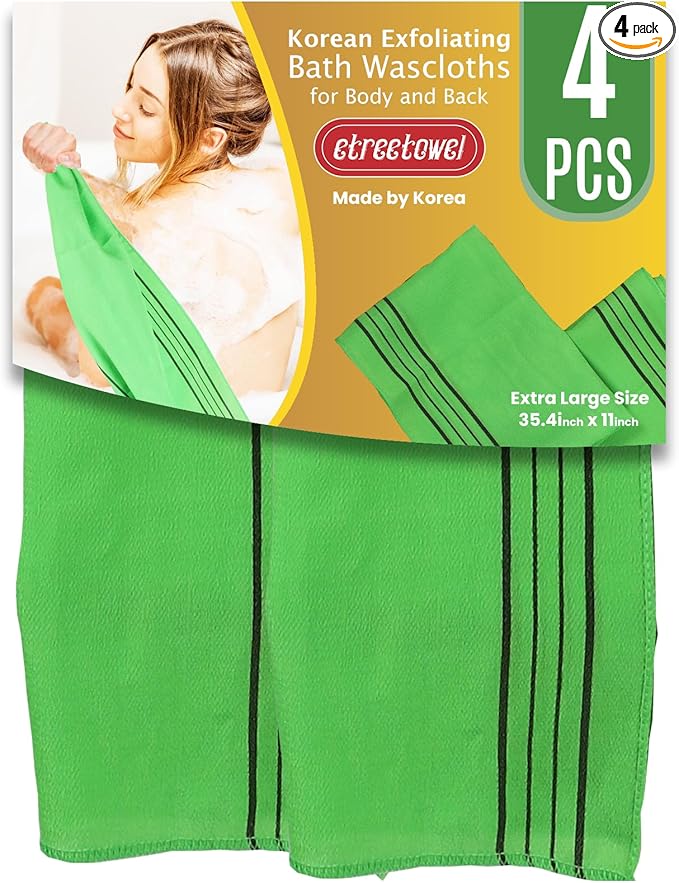 etreetowel Extra Large Size 35.4" x 11" (4 PCs) Korean Asian Exfoliating Bath Washcloths Mitt Scrub for Body and Back washcloth Glove Viscose Rayon Towel for Soft Skin