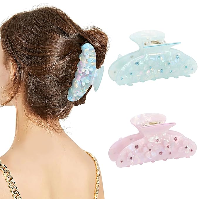 HAIMEIKANG 2Pcs Acrylic Flower Hair Claw Clips - Large Hair Clips for Women Jaw Clips for Thick Thin Hair Strong Hold Cute Non-slip Claw Clips Stylish Hair Accessories for Women Girls