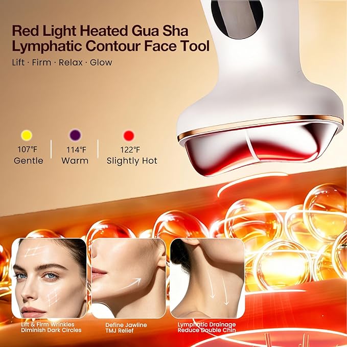 Cold Heat Gua Sha Facial Neck Lymphatic Massager, 7-in-1 LED Red Light Face Depuffer Sculpting Tool, Hot Electric Gua Sha Lift Device & Cooling Depuffing Wand, for Contouring, Firming