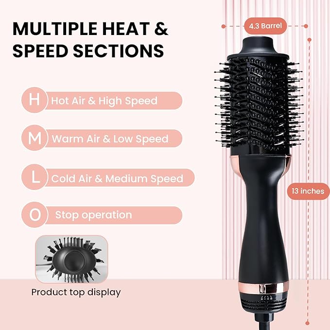4-in-1 Hair Dryer Brush, Ionic Ceramic Titanium Hot Air Styler with ALCI Safety Plug, 3 Heat Settings for Frizz-Free Blowouts, Salon Volumizer and Straightener (Rose Gold)