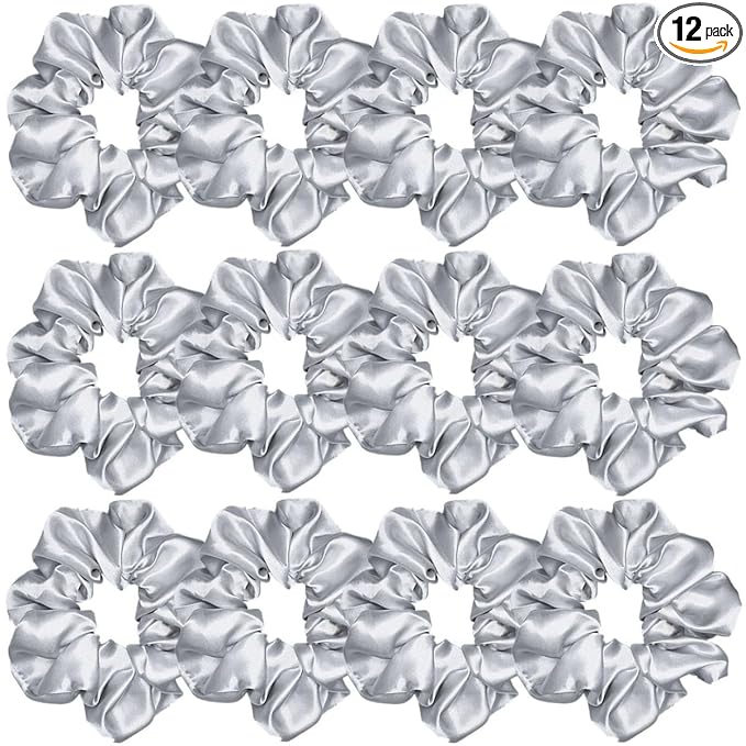12 Pcs Satin Silk Scrunchies, Soft Hair Ties & Bands, Hair Bow Ropes, Elastic Ponytail Holders & Bracelets Hair Accessories for Women and Girls (4.5 Inch, Light Gray)