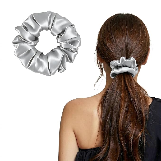 ZLYC 100% Mulberry Silk Scrunchie 19 Momme Gentle Creaseless Hair Tie for Women Dent-Free Ponytail Holder, 3.5cm Solid Sliver