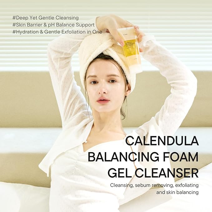 IUNIK Calendula Balancing Foam Gel Cleanser – Calendula Gentle Daily Low pH Facial Cleanser for Hydrating & Mild Exfoliating Care, Korean Skincare for All Skin Types, 150ml / 5.07 fl oz