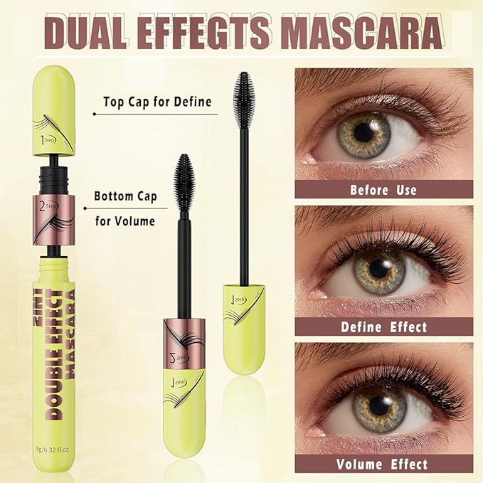Double Effect Mascara for Older Women with Mature Eyes Thin Lashes, Magic Cap Volumizing & Defining 2-in-1 Waterproof Eyelash Makeup (Black)
