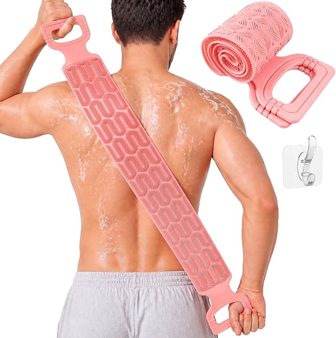 Manmihealth Silicone Back Scrubber for Shower, 33.8'' Exfoliating Body Scrubber with Long Strap Handle, Dual-Sided Extendable Back Washer for Men and Women (Pink)