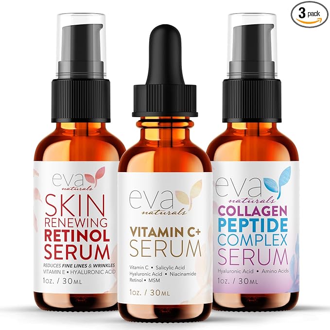 Eva Naturals Trifecta Face Serum Set – Retinol, Vitamin C & Peptides with Hyaluronic Acid & Niacinamide – Anti-Aging Skincare Bundle for Women – Collagen Boosting, Wrinkle & Spot Treatment
