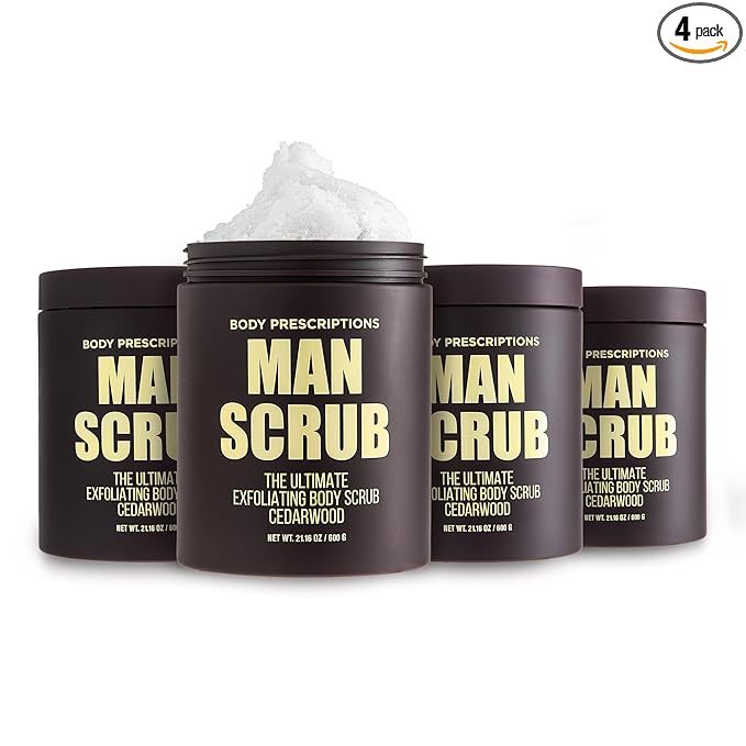 Body Prescriptions Men’s Exfoliating Body Scrub – Ultimate Skin Cleansing Wash in Jar with Twist-Top Lid, For All Skin Types, 21 Ounce (Pack of 4), Cedarwood