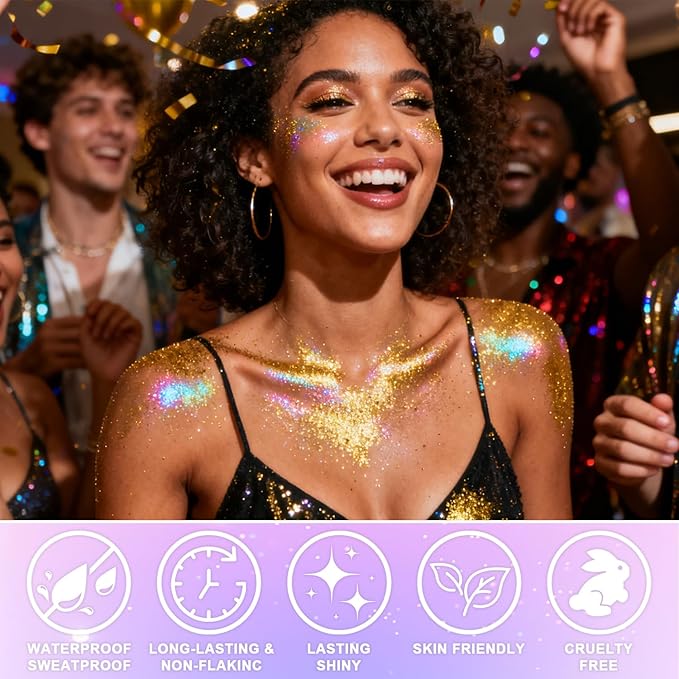 Roll-on Holographic Glitter Gel for Face & Hair, Sparkling Pink Shimmer Makeup, Color Changing Body Glitter for Festivals, Parties & Halloween,Chunky Mermaid Sequins Body Shimmer for Women(Laser Gold)