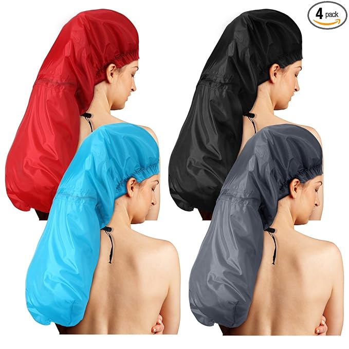 Eurzom 4 Pcs Large Shower Cap for Braids Extra Long Shower Cap for Women Long Hair Locs Foldable Waterproof Reusable XL Hair Bonnets for Dreadlocks Drawstring Bath Caps(Red, Blue, Black, Gray)