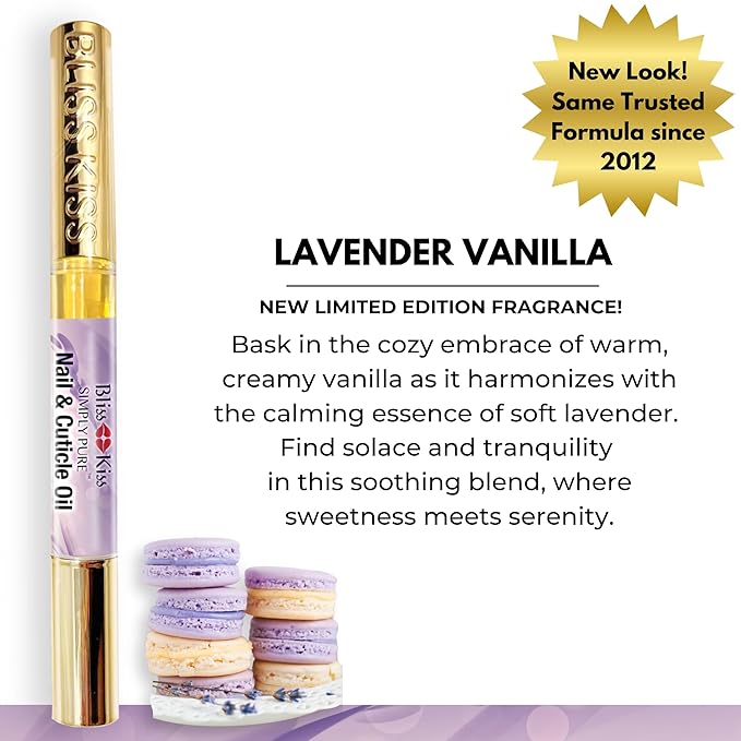 Bliss Kiss | 1 Lavender Vanilla | Nail Oil Cuticle Pen w/Vitamin E & Jojoba⏤Nail Strengthener Nail Growth Serum for Brittle Peeling Breaking Thin Nails