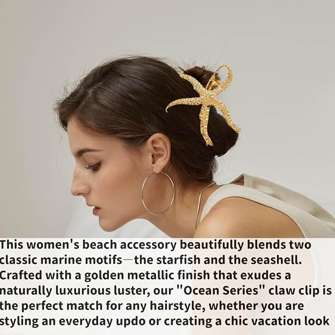 Beach Accessories for Women,2Pc Gold Seashell & Starfish Hair Clip Oversized Metal Claw Clips,Beach Hair Accessories,Summer Beach-Vibe Hair Accessories