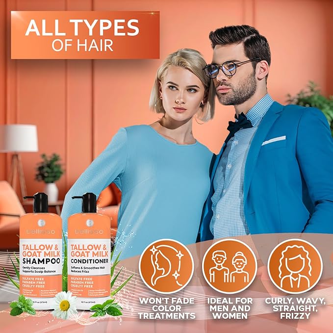 Beef Tallow Shampoo and Conditioner Set with Goat Milk - Sulfate Free Moisture for Women and Men - For Dry, Itchy Scalp - Hydrating, Thickening, Volume Care for Thinning Hair - 16 Fl Oz (Pack of 2)