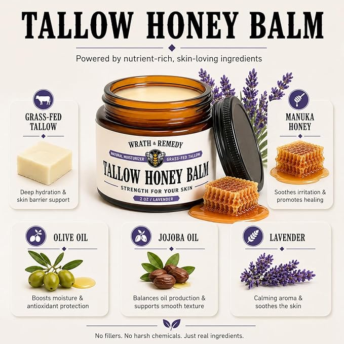 Organic Beef Tallow for Skin - 2OZ (Lavender, Concentrated) — US-Made Grass Fed Tallow and Honey Balm Moisturizer for Face, Hands & Body — Intensive Care for Dry Sensitive Skin, Eczema (No Additives)