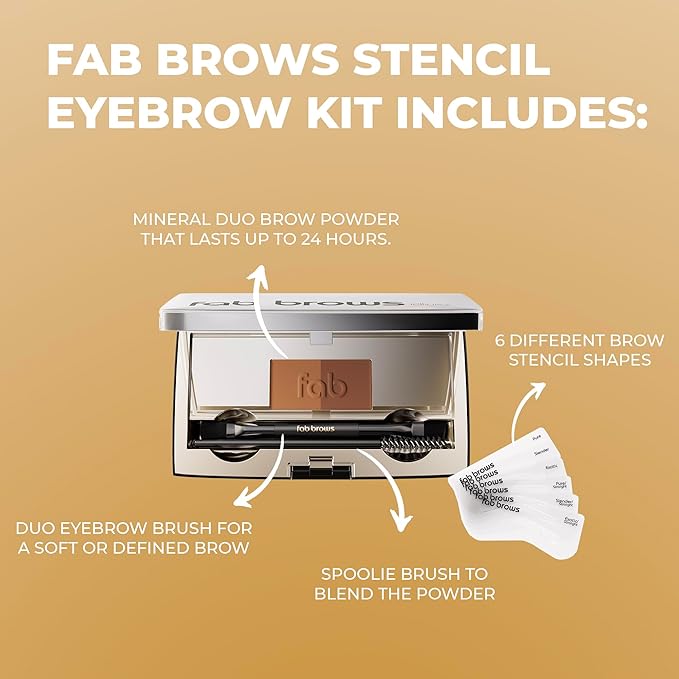 Fab Brows Duo Eyebrow Kit, Ultimate Brow Stencil Kit with Compact Powder Mirror and Eyebrow Shaper, Waterproof Eyebrow Makeup Kit Contour Palette, Eyebrow Cosmetics, (Light/Medium Brown)