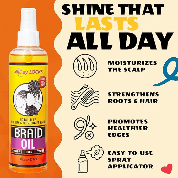 AllDay Locks Braid Oil - Spray On Hair Oil for Braid & Scalp Care, for Men and Women, Moisturizing and Strengthening Treatment, Hair Oil for Dry Scalp and Tension Relief - 8 oz Bottle