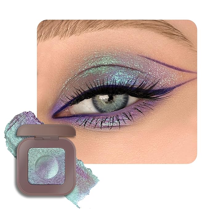 KYDA Chameleon Metallic Eyeshadow, Chrome Shimmer Eye Shadow Makeup, Smooth Pressed Powder Palette with Mirror, High Pigment Soft Eyeshadow, Lasting Glitter Eye Look, 02 Mauve Cyan