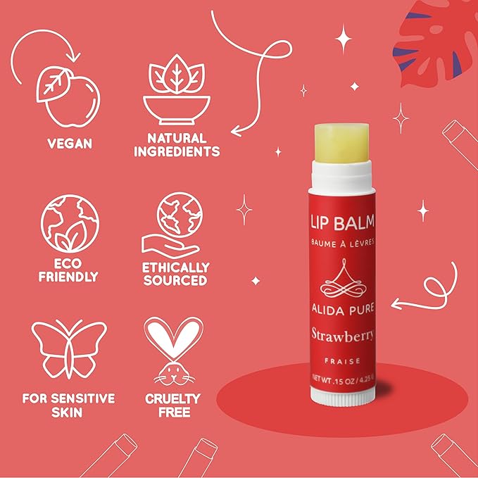 Strawberry Lip Balm Collection, Vegan Set, Beeswax Free, with Organic Jojoba and Avocado Oil, Vitamin E, Natural Moisturizer for Dry, Chapped Lips, 3 Tube Set