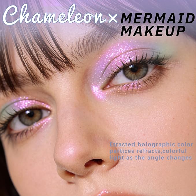 Noerrors Smoky Pink Gold Duochrome Glitter Eyeshadow, Multichrome Shimmer Holographic Creamy Metallic Eyeshadow, Half Magic Sparkling Iridescent Mermaid Eye Brightener Makeup Palette Rave Accessories