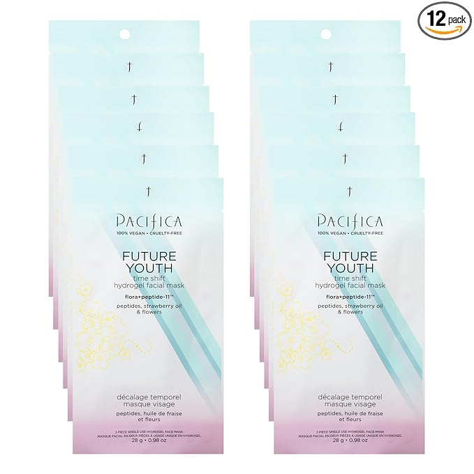 Pacifica Future Youth Time Shift Hydrogel Facial Mask - 12-PACK - Multi-Peptide Anti-Aging Sheet Mask for Firming & Plumping, Ultra-Hydrating Serum-Infused Mask for Face & Neck, 100% Vegan