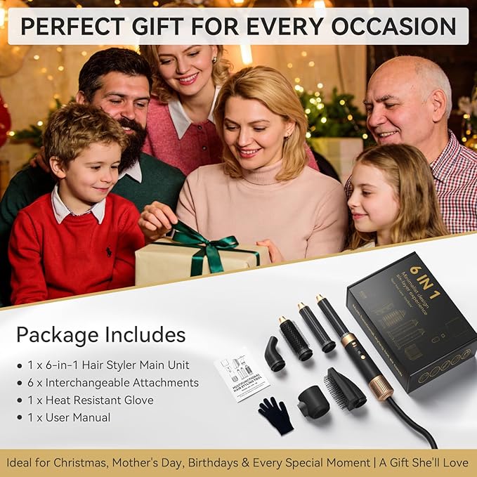 6 in 1 Hair Styler, Hot Air Brush Set with Hair Dryer, Curling Iron, Straightener Brush, Volumizer, Blow Dryer Brush for Hair Styling, Fast Drying, Gifts for Mother/Women