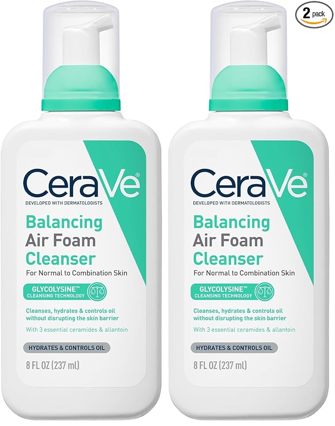 CeraVe Balancing Air Foam Face Wash,Foaming Facial Cleanser Combination Skin,8HR Oil Control,24HR Hydration,Fragrance-Free & Non-Comedogenic,With Glycolysine™ & 3 Essential Ceramides,8oz,(Pack of 2)
