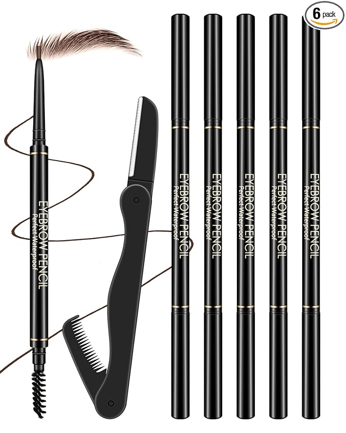 Brown Eye Brow Pencils for Women, 6Pcs Waterproof Eyebrow Pencil Set, Ultra Fine Tip for Perfect Eye Liner Brows, Long Lasting Makeup Professional Shaping & Filling Brow Gel Pen with Eyebrow Razor-03