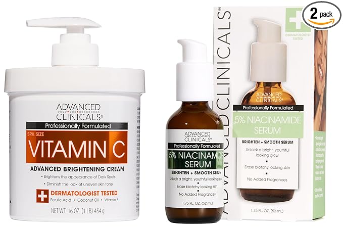 Advanced Clinicals Brightening Vitamin C Cream + 5% Niacinamide Serum W/Hyaluronic Acid 2pc Set | Vitamin C Body Lotion Moisturizer & Dark Spot Remover Face Serum | Skin Care Products, 2pc Bundle