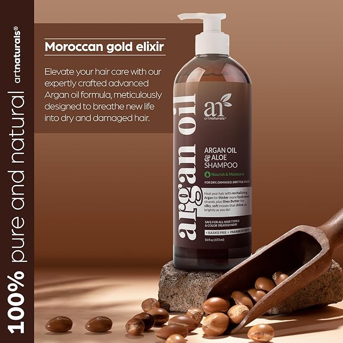 Artnaturals Moroccan Argan Oil Shampoo - (16Fl Oz) - Moisturizing, Volumizing Sulfate Free Shampoo for Women, Men and Teens - Used for Colored and All Hair Types, Anti-Aging Hair Care