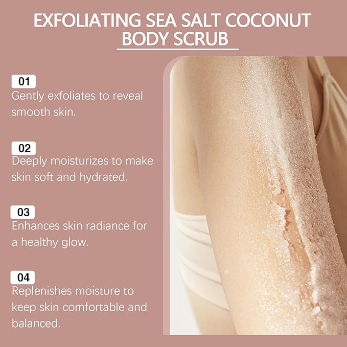 Exfoliating Sea Salt & Coconut Body Scrub – Moisturizing Body Polish with Mineral Oil – Gentle Exfoliation for Soft, Smooth Skin – 4.23 oz