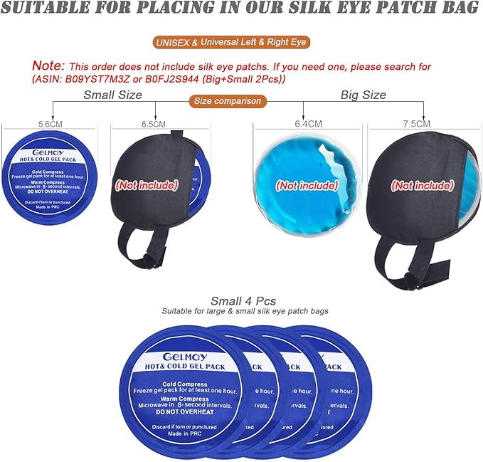 Ice Eye Patches for Puffy Eyes, Cooling Medical Eye Patch Pad Gel Pack Cover Eyepatch Cold Hot Therapy Eye Bags Dark Circles After Surgery Adult Kid (S 4PCS)