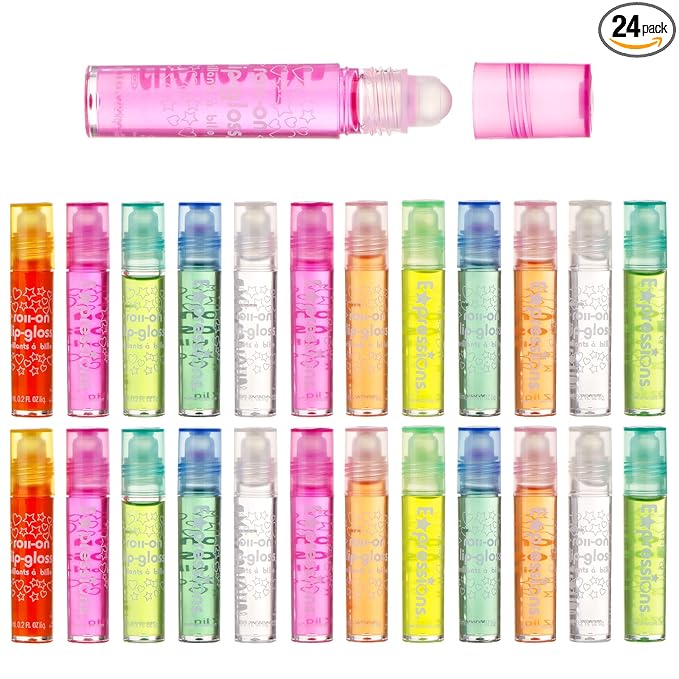 Expressions girl 24pc Roll On Lip Gloss Set with Carrying Case, Glossy Lip Make-up for Kids and Teens - Fruity Flavors, Non Toxic, Kid Friendly, Party Gift, Best Friends