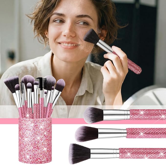 Nuogo Pink 13 Pcs Rhinestone Makeup Brushes Set 12 Bling Crystal Professional Face Cosmetics Blending Liquid Foundation Powder Concealer Eye Shadows Make up Beauty Tool Glitter with 1 Holder