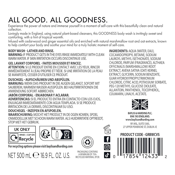 Baylis & Harding Goodness Coconut, Vanilla & Shea Natural Body Wash 16.9Fl.oz, Pack of 3 - Biodegradable Formula