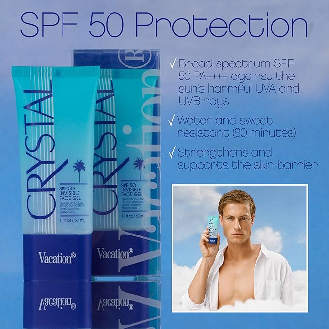 Vacation Crystal SPF 50 Face Gel, Clear Sunscreen, Hydrating & Nourishing, Water-Resistant, Fragrance-Free, Travel Size, 1.7 Fl. Oz. | Clear Sunscreen, Hydrating, Nourishing, Water-Resistant, Travel Size