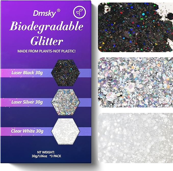 Dmsky Biodegradable Chunky Glitter,90g/3.18oz Craft Glitter for Crafts,Resin,Body,Nail,Face,Hair,DIY Decorations,3 Colors Holographic Glitter,Silver Glitter,White Clear Glitter,Black Glitter