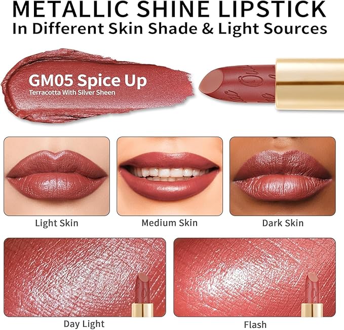 Oulac Matte Terracotta Lipstick with Glow Metallic Finish - Vegan Lipstick for Women, Creamy Texture, Hydrating Clean Beauty Formula, High-End Magnetic Hook Design, GM05 Spice up